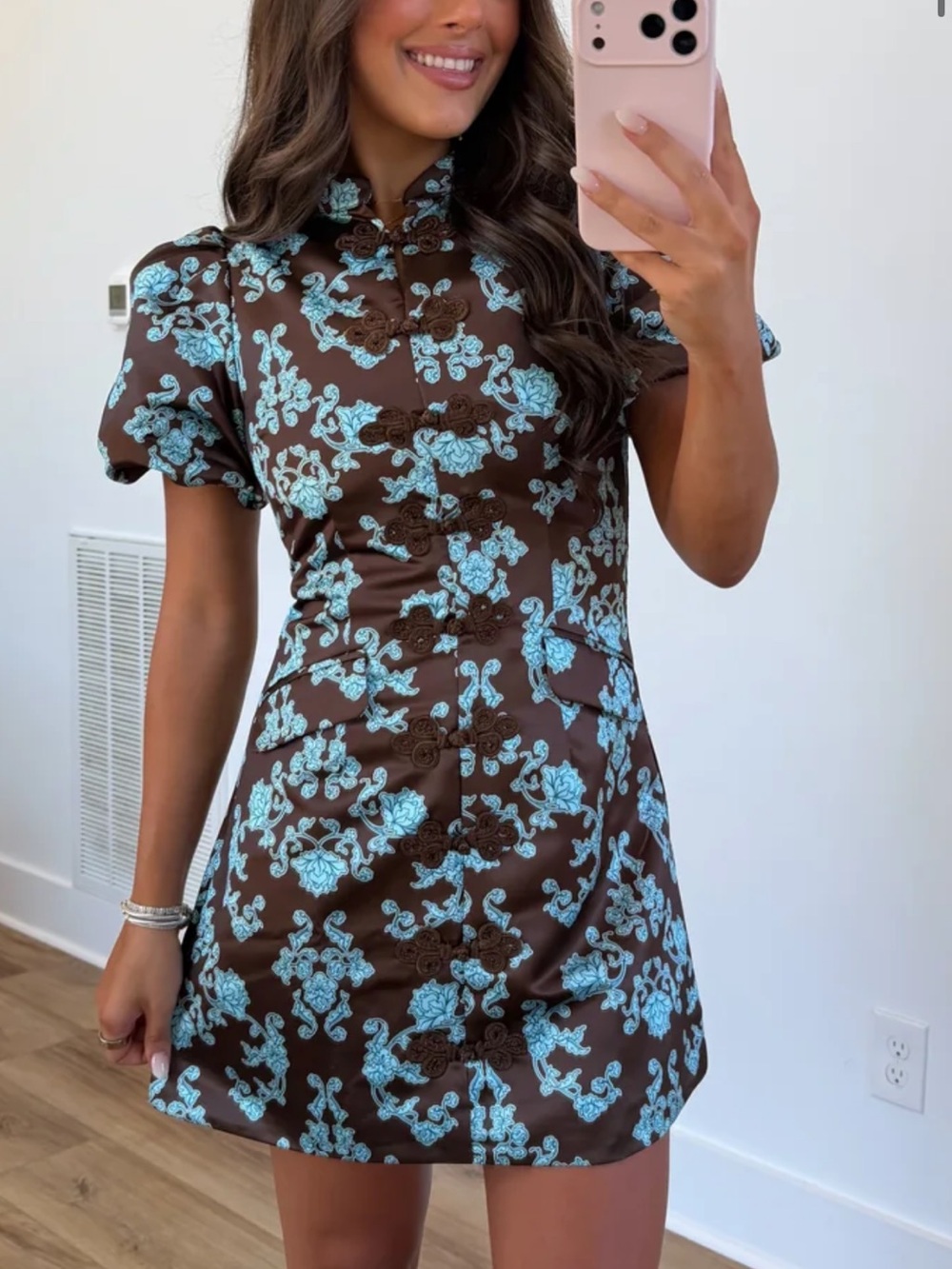 TCEC Brown Mini Dress with Light Blue Floral Embroidery